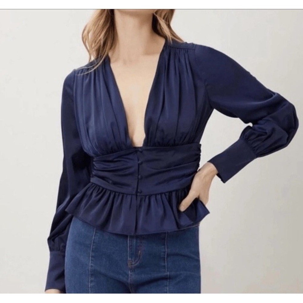Jason Wu Navy‎ Blue Satin Ruffled Peplum Button Pullover Blouse Size Large